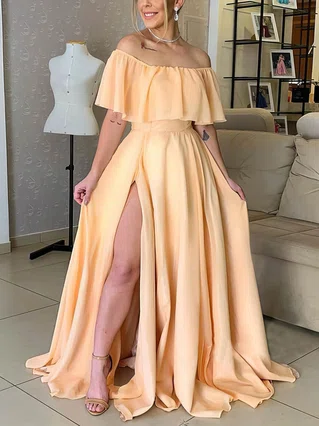 A-line Off-the-shoulder Chiffon Sweep Train Split Front Prom Dresses #Favs020106861 A-line Off-the-shoulder Chiffon Sweep Train Split Front Prom Dresses #Favs020106861