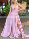 A-line V-neck Chiffon Sweep Train Split Front Prom Dresses #Favs020106865