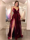 A-line V-neck Velvet Sweep Train Split Front Prom Dresses #Favs020106881