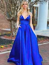 A-line V-neck Satin Sweep Train Pockets Prom Dresses #Favs020106892