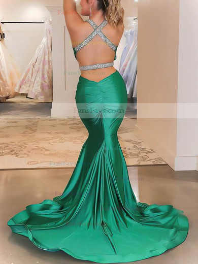 Trumpet/Mermaid V-neck Silk-like Satin Sweep Train Beading Prom Dresses #Favs020106899