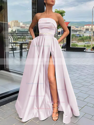 A-line Strapless Satin Sweep Train Sashes / Ribbons Prom Dresses #Favs020106934