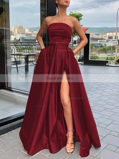 A-line Strapless Satin Sweep Train Sashes / Ribbons Prom Dresses #Favs020106934