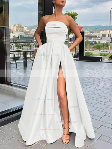 A-line Strapless Satin Sweep Train Sashes / Ribbons Prom Dresses #Favs020106934