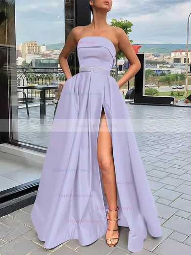 A-line Strapless Satin Sweep Train Sashes / Ribbons Prom Dresses #Favs020106934