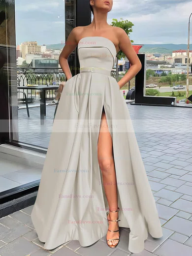 A-line Strapless Satin Sweep Train Sashes / Ribbons Prom Dresses #Favs020106934