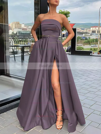 A-line Strapless Satin Sweep Train Sashes / Ribbons Prom Dresses #Favs020106934