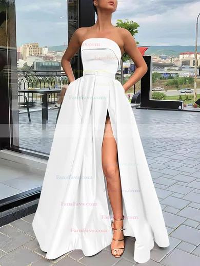A-line Strapless Satin Sweep Train Sashes / Ribbons Prom Dresses #Favs020106934