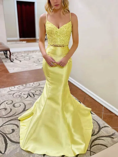 Trumpet/Mermaid V-neck Satin Sweep Train Beading Prom Dresses #Favs020106935