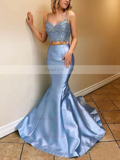 Trumpet/Mermaid V-neck Satin Sweep Train Beading Prom Dresses #Favs020106935