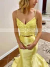 Trumpet/Mermaid V-neck Satin Sweep Train Beading Prom Dresses #Favs020106935