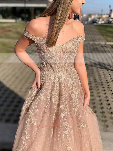 A-line Off-the-shoulder Tulle Sweep Train Beading Prom Dresses #Favs020106936