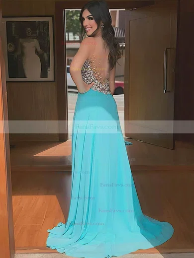 A-line Scoop Neck Chiffon Sweep Train Beading Prom Dresses #Favs020106941