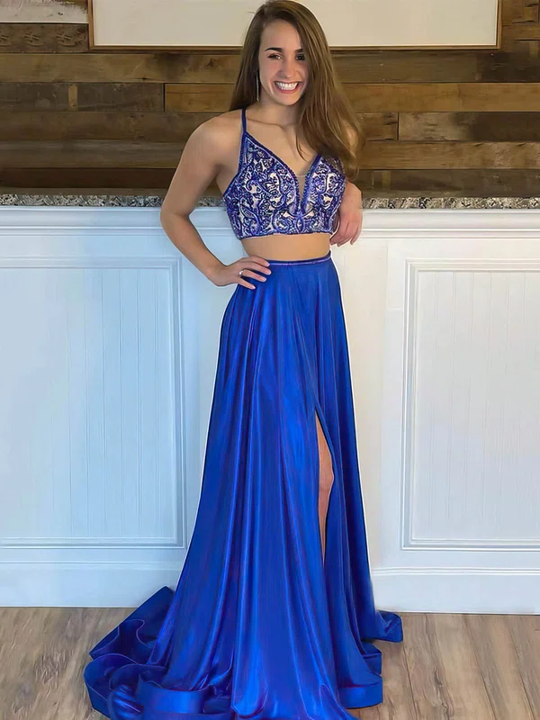 A-line V-neck Silk-like Satin Sweep Train Beading Prom Dresses #Favs020106943