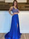 A-line V-neck Silk-like Satin Sweep Train Beading Prom Dresses #Favs020106943