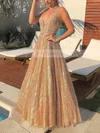 A-line V-neck Glitter Floor-length Sashes / Ribbons Prom Dresses #Favs020106944