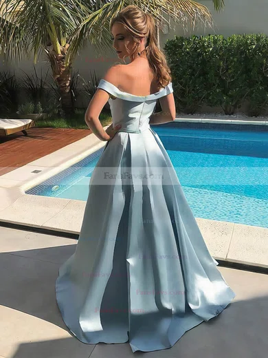 A-line Off-the-shoulder Satin Sweep Train Sashes / Ribbons Prom Dresses #Favs020106945