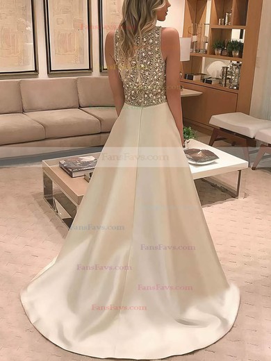 A-line Scoop Neck Satin Sweep Train Pockets Prom Dresses #Favs020106948