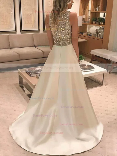 A-line Scoop Neck Satin Sweep Train Pockets Prom Dresses #Favs020106948