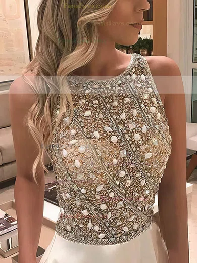 A-line Scoop Neck Satin Sweep Train Pockets Prom Dresses #Favs020106948