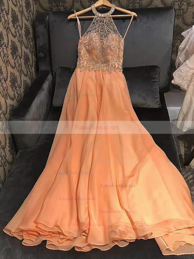A-line Halter Chiffon Floor-length Beading Prom Dresses #Favs020106949