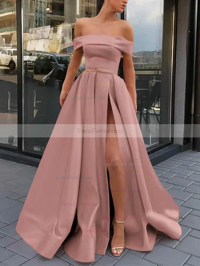 A-line Off-the-shoulder Satin Sweep Train Sashes / Ribbons Prom Dresses #Favs020106951
