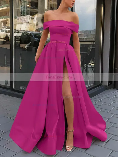 A-line Off-the-shoulder Satin Sweep Train Sashes / Ribbons Prom Dresses #Favs020106951