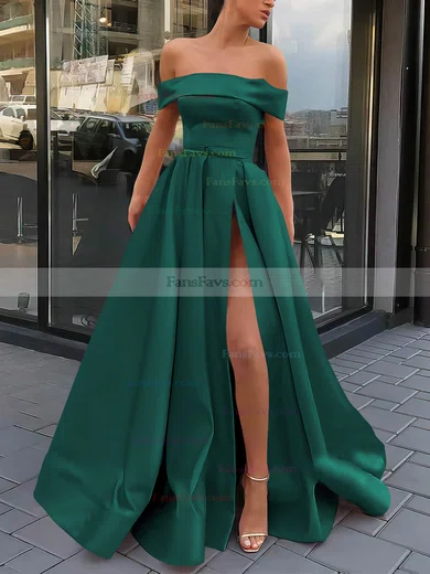 A-line Off-the-shoulder Satin Sweep Train Sashes / Ribbons Prom Dresses #Favs020106951