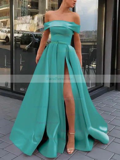A-line Off-the-shoulder Satin Sweep Train Sashes / Ribbons Prom Dresses #Favs020106951