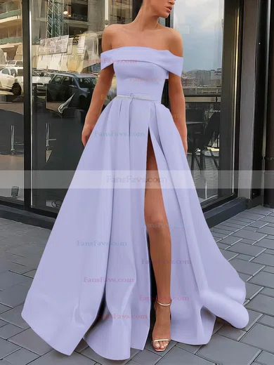 A-line Off-the-shoulder Satin Sweep Train Sashes / Ribbons Prom Dresses #Favs020106951