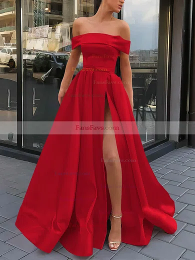 A-line Off-the-shoulder Satin Sweep Train Sashes / Ribbons Prom Dresses #Favs020106951