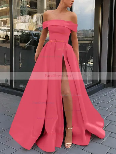 A-line Off-the-shoulder Satin Sweep Train Sashes / Ribbons Prom Dresses #Favs020106951