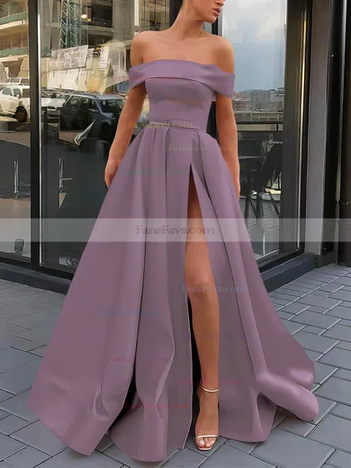 A-line Off-the-shoulder Satin Sweep Train Sashes / Ribbons Prom Dresses #Favs020106951