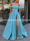 A-line Off-the-shoulder Satin Sweep Train Sashes / Ribbons Prom Dresses #Favs020106951