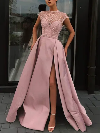 A-line High Neck Satin Sweep Train Beading Prom Dresses #Favs020106952