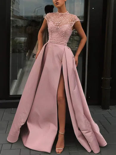 A-line High Neck Satin Sweep Train Beading Prom Dresses #Favs020106952