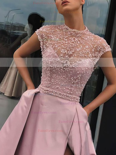 A-line High Neck Satin Sweep Train Beading Prom Dresses #Favs020106952