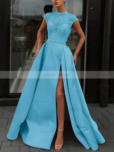 A-line High Neck Satin Sweep Train Beading Prom Dresses #Favs020106952