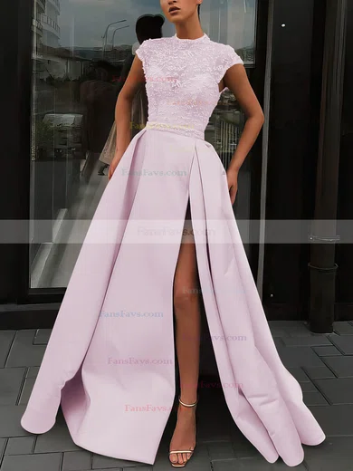 A-line High Neck Satin Sweep Train Beading Prom Dresses #Favs020106952