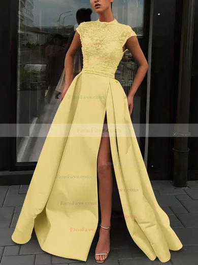 A-line High Neck Satin Sweep Train Beading Prom Dresses #Favs020106952