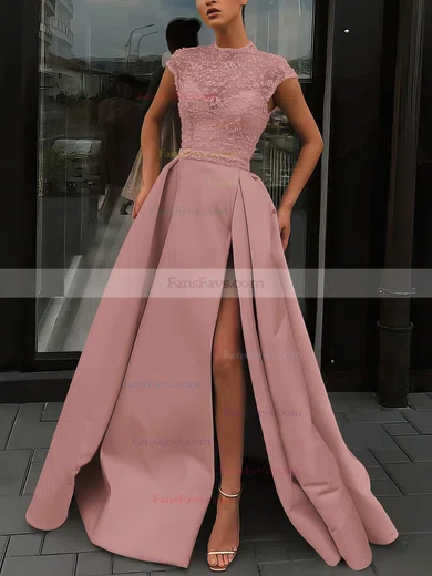 A-line High Neck Satin Sweep Train Beading Prom Dresses #Favs020106952