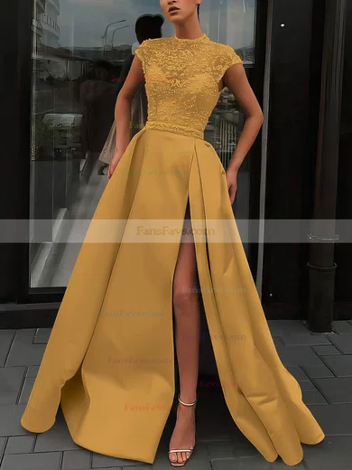 A-line High Neck Satin Sweep Train Beading Prom Dresses #Favs020106952