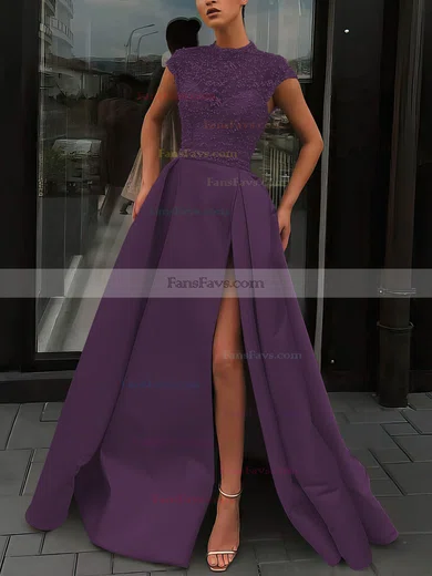 A-line High Neck Satin Sweep Train Beading Prom Dresses #Favs020106952