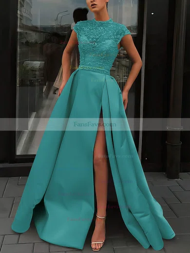 A-line High Neck Satin Sweep Train Beading Prom Dresses #Favs020106952