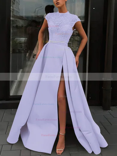 A-line High Neck Satin Sweep Train Beading Prom Dresses #Favs020106952