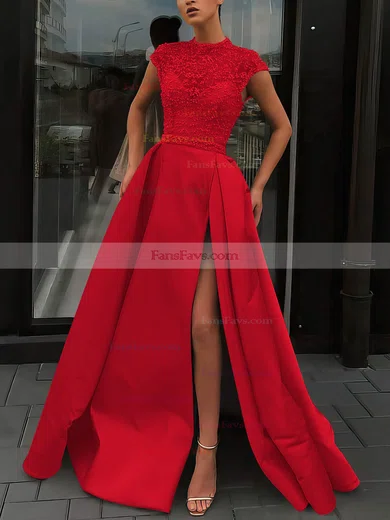 A-line High Neck Satin Sweep Train Beading Prom Dresses #Favs020106952