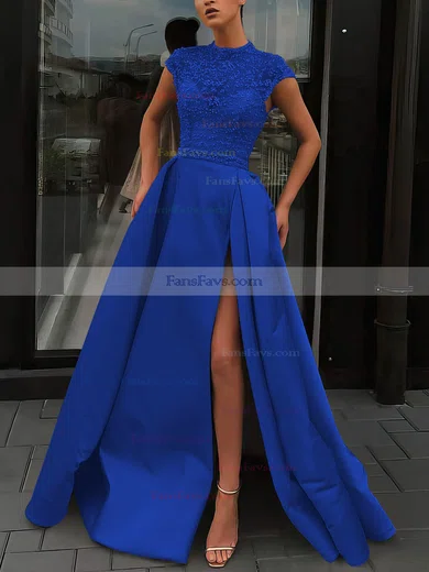 A-line High Neck Satin Sweep Train Beading Prom Dresses #Favs020106952
