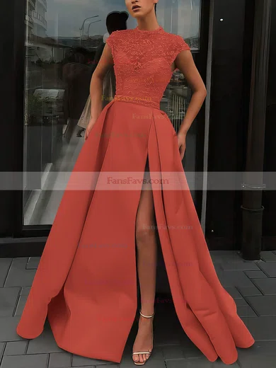 A-line High Neck Satin Sweep Train Beading Prom Dresses #Favs020106952