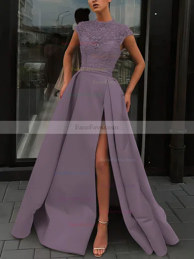 A-line High Neck Satin Sweep Train Beading Prom Dresses #Favs020106952