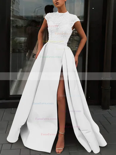 A-line High Neck Satin Sweep Train Beading Prom Dresses #Favs020106952